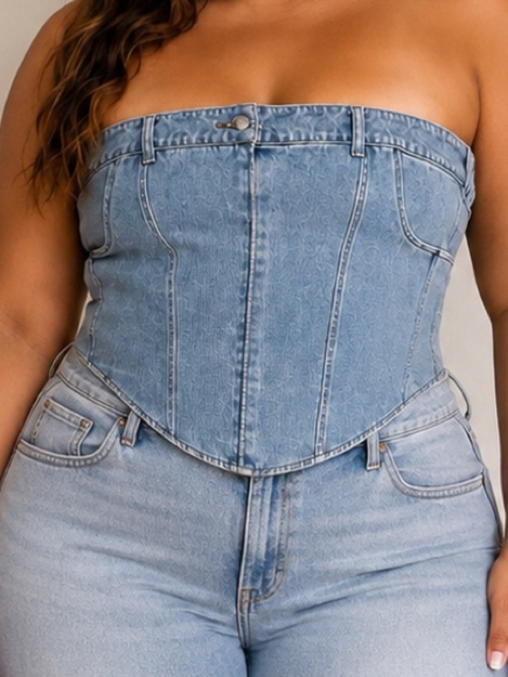 PrettyLittleThing Denim Corset Tube Top Light Wash Strapless Plus Size 20